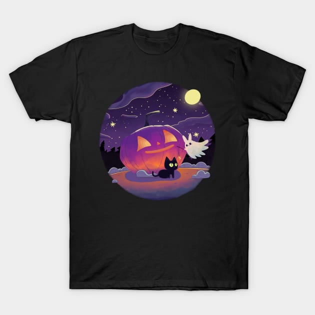 A black cat and a friendly ghost T-Shirt by Magcelium